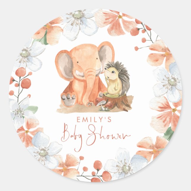 Igel Elephant Florals Name Girl Baby Dusche Runder Aufkleber (Vorderseite)