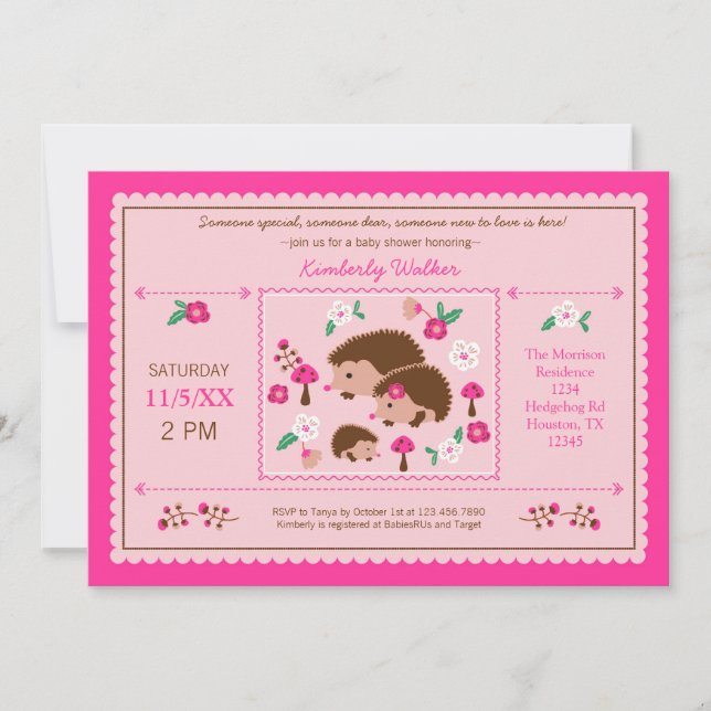 Igel Family Baby Girl Dusche Einladung (Vorderseite)