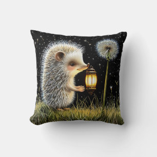 Igel hält Laterne neben Löwenzahn Kissen