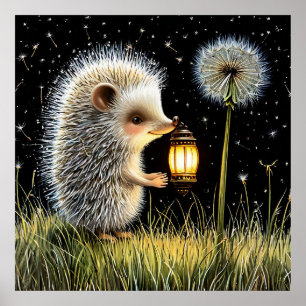 Igel hält Laterne neben Löwenzahn Poster