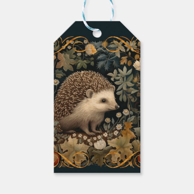 Igel im Wald William Morris-Stil Geschenkanhänger (Vorderseite)