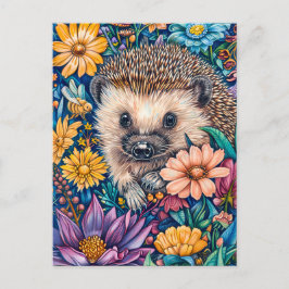 Igel in der blühenden Blume Bett Postkarte