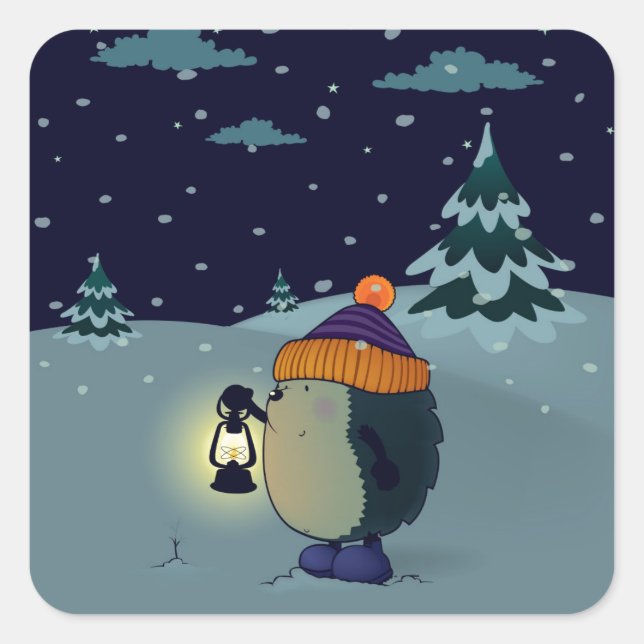 Igel Jan in der Winternacht Quadratischer Aufkleber (Vorderseite)