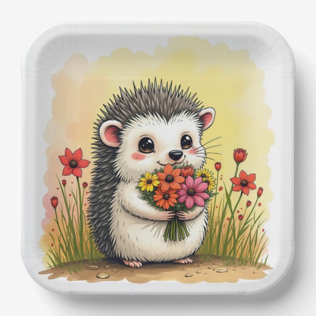 Igel mit Blume Bouquet Pappteller (Vorderseite)