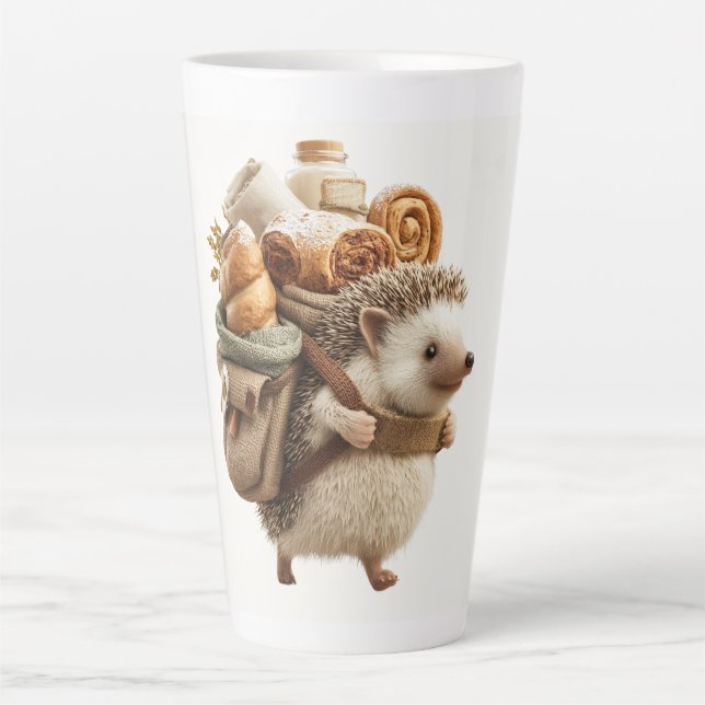Igel mit einem mit Gebäck gefüllten Rucksack Milchtasse (Vorderseite)