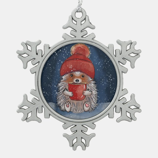 Igel mit heißem Getränk Schneeflocken Zinn-Ornament (Vorderseite)