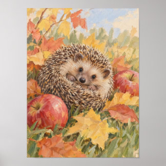 Igel mit Herbstlaub und Äpfeln Waldlandschaft Ar Poster