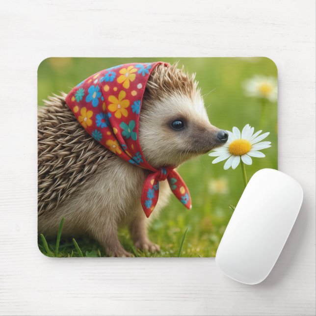 Igel mit Kopftuch schnüffelt an einer Margerite Mousepad (Mit Mouse)