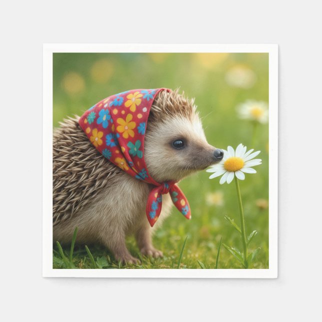 Igel mit Kopftuch schnüffelt an einer Margerite Serviette (Vorderseite)