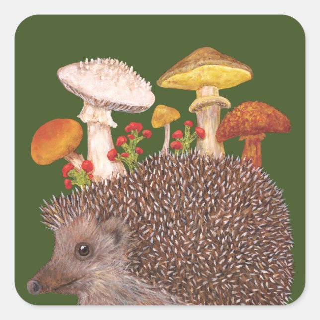 Igel mit Pilzaufklebern Quadratischer Aufkleber (Vorderseite)