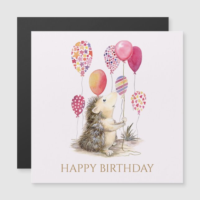 Igel mit rosa Ballons Glückwunsch zum Geburtstag Magnetkarte (Vorne/Hinten)
