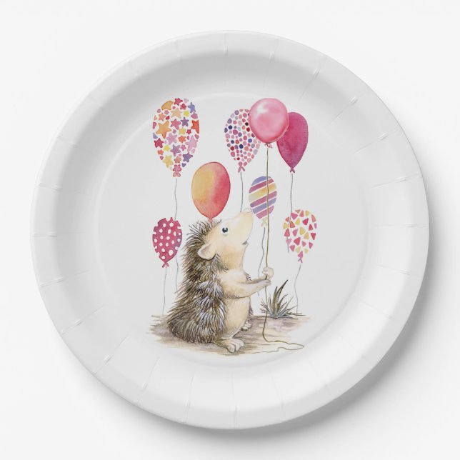 Igel mit rosa Ballons Pappteller (Vorderseite)