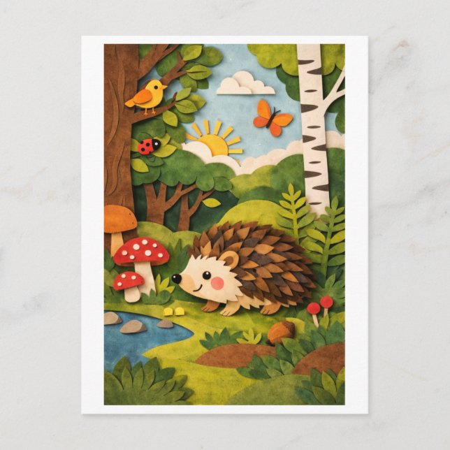 Igel-Papierscherenschnitt-Collage Postkarte (Vorderseite)