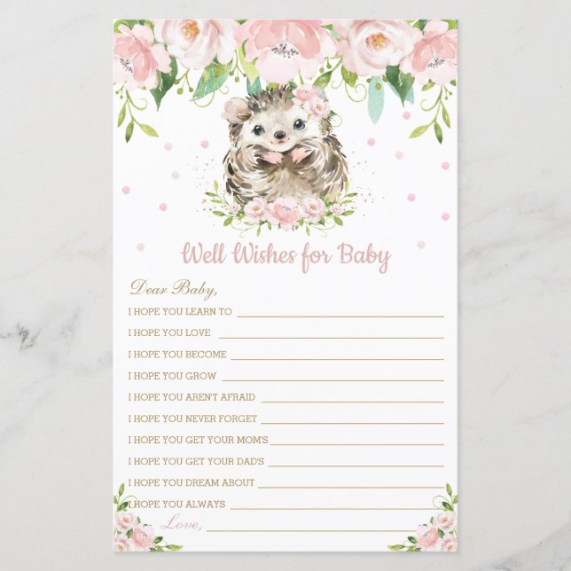 Igel Pink Blütenbrunnen Wünsche für Babykarte (Vorderseite)