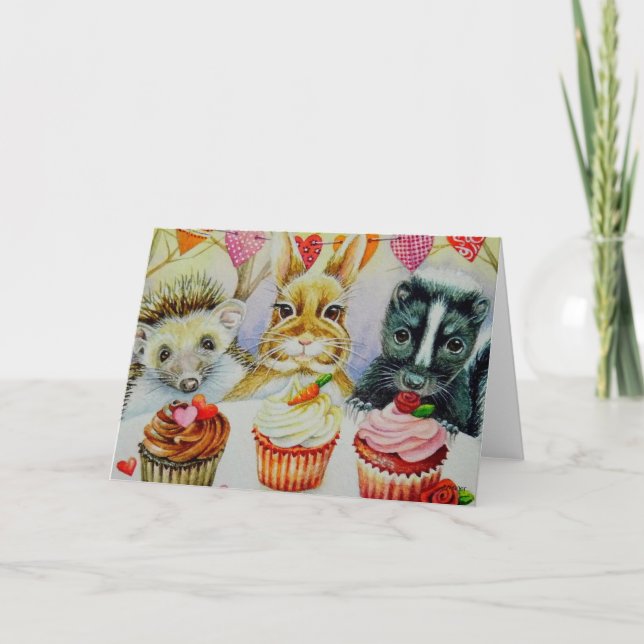 Igel Rabbit Skunk & Cupcakes Karte (Vorderseite)