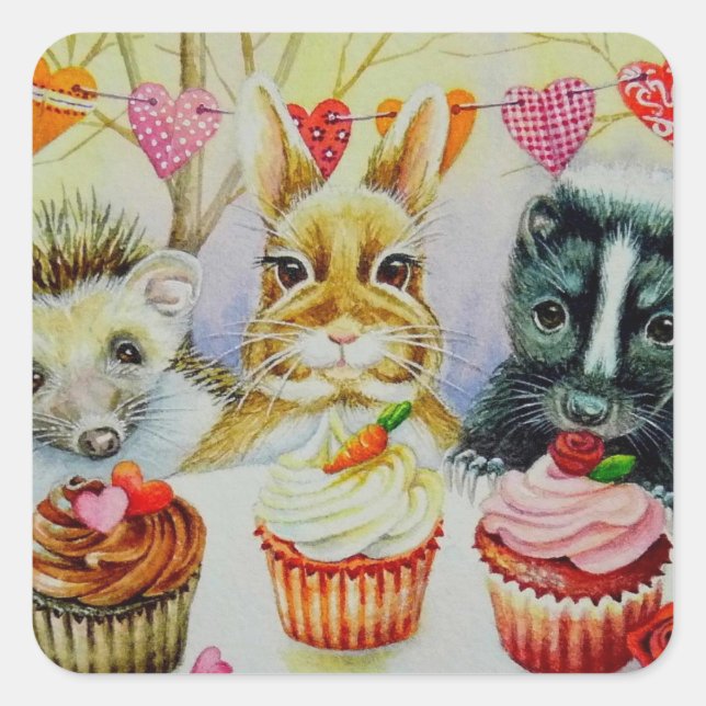 Igel Rabbit Skunk & Cupcakes Quadratischer Aufkleber (Vorderseite)
