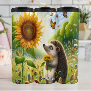 Igel Riecht eine Sonnenblume Thermosbecher