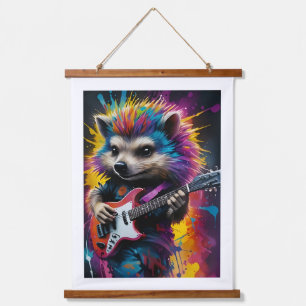 Igel spielt Gitarre, Rockgraffiti Wandteppich Mit Holzrahmen