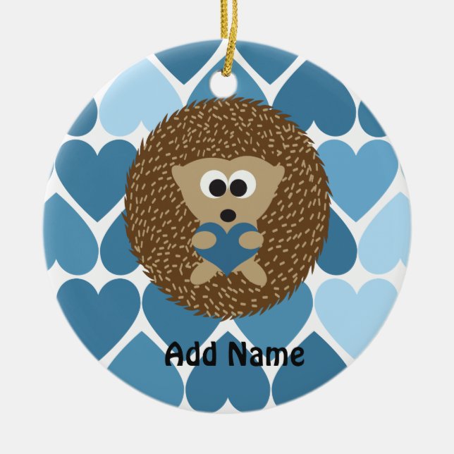 Igel und blaue Herzen Keramikornament (Vorne)