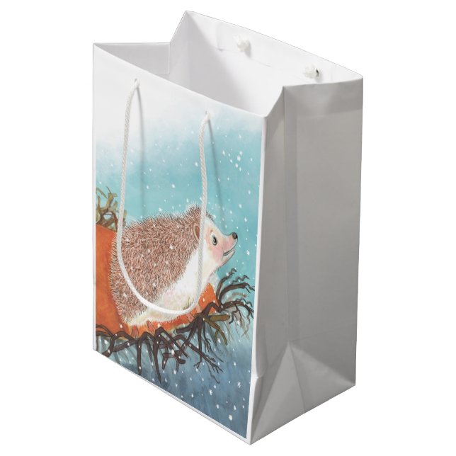 Igel und erste Schneeflocken Mittlere Geschenktüte (Vorderseite Schrägansicht)