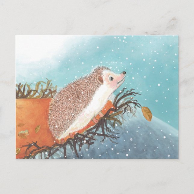 Igel und erste Schneeflocken Postkarte (Vorderseite)