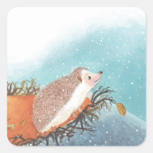 Igel und erste Schneeflocken Quadratischer Aufkleber
