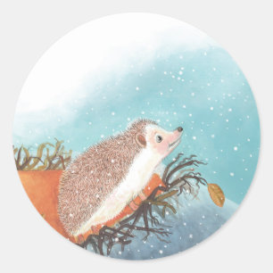 Igel und erste Schneeflocken Runder Aufkleber