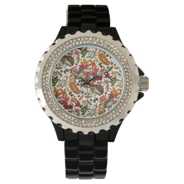 Igel und Herbstwaldflora auf Elfenbein Armbanduhr (Vorderseite)