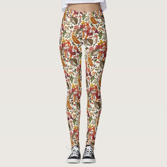 Igel und Herbstwaldflora auf Elfenbein Leggings (Vorderseite)