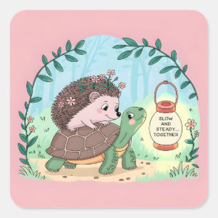 Igel und Schildkröte "Langsam und stetig zusammen" Quadratischer Aufkleber