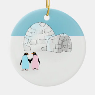 Iglu mit farbigen Pinguinen Keramik Ornament