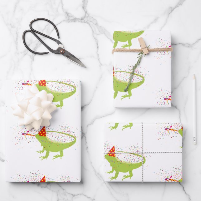 Iguana Lizard Partying Tiere mit Party Geschenkpapier Set (Vorderseite)