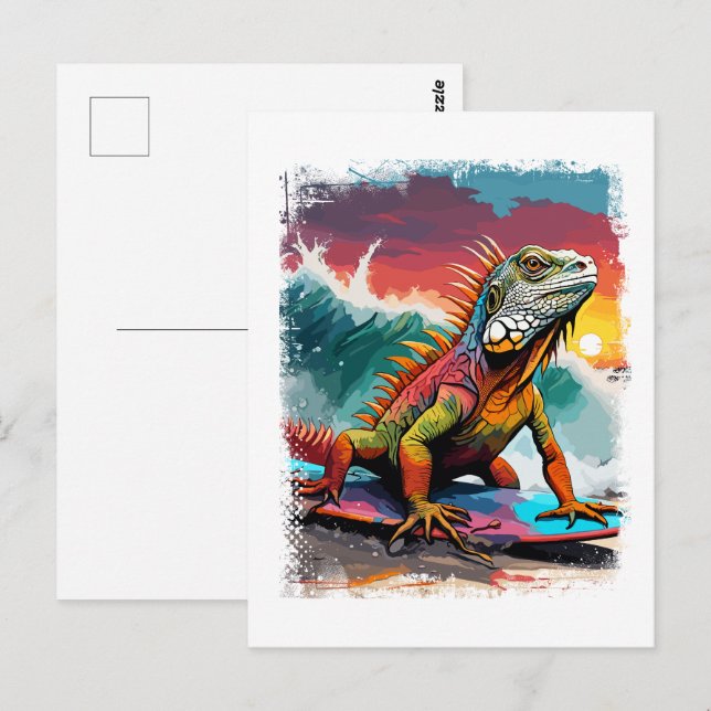 Iguana Surfing Niedliches farbiges Comic Illustrat Postkarte (Vorne/Hinten)