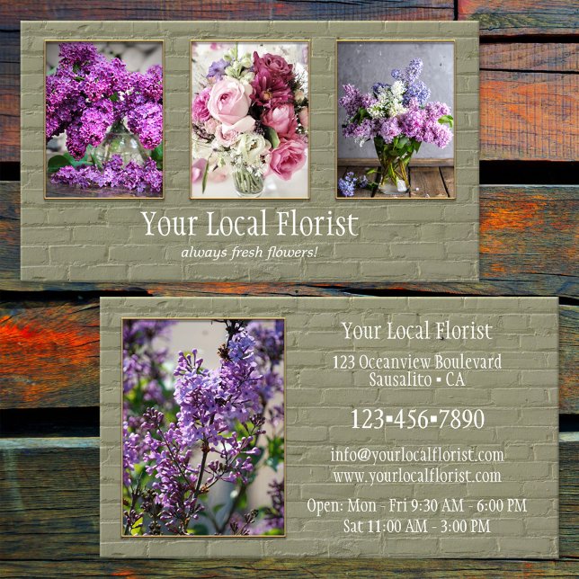 Ihr 4-Foto-Portfolio aus Grünziegelmauer Florist Visitenkarte (Business card featuring your own custom photos framed by a green brick wall - florist - gardener)
