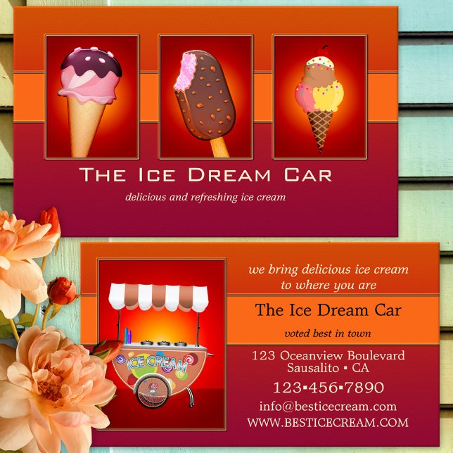 Ihr 4 Fotos Auge fängt Eiscreme Visitenkarte (Ice cream business card featuring your custom photos framed by bold colored red-orange)
