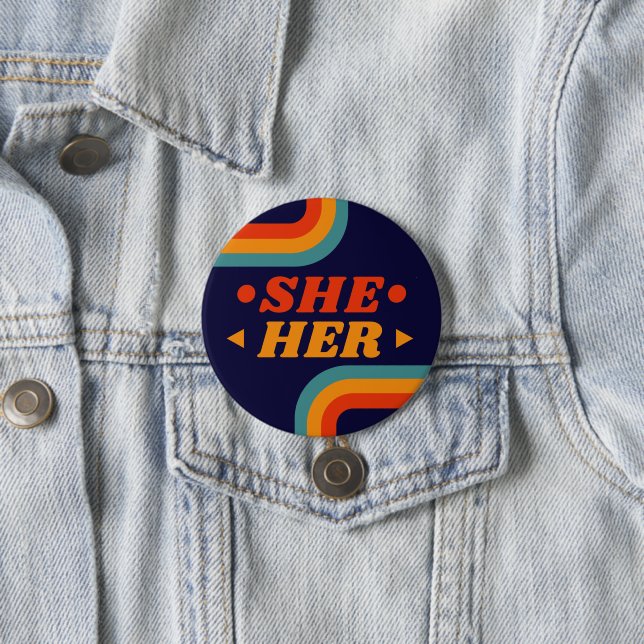 Ihr 70er Blue Orange Retro Lines Pronouns Button (Beispiel)
