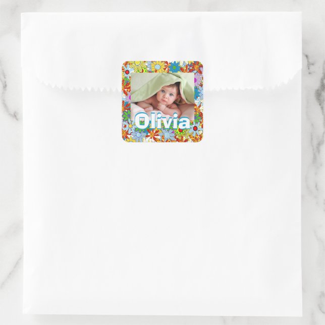 Ihr Baby Foto farbenfrohe Blumenmuster Quadratischer Aufkleber (Tasche)