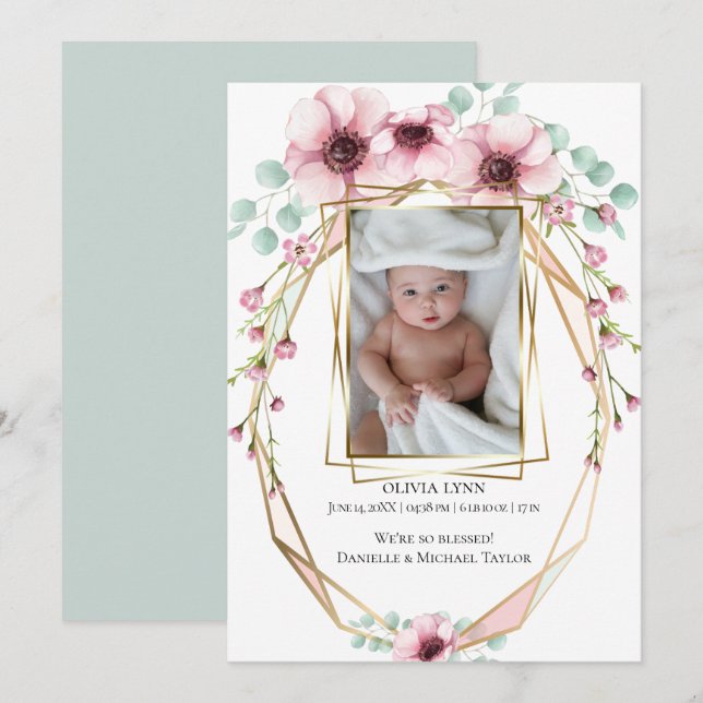 Ihr Baby Foto Frische Frühlingsblumen und Blätter Einladung (Vorne/Hinten)