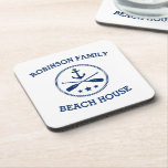 Ihr Beach House Familienname Anchor Oars Stars Getränkeuntersetzer<br><div class="desc">Stilvolle Coaster (Set von 6) mit Ihrem personalisierten Familiennamen oder anderen Texten,  ein individueller nautischer Bootanker mit gekreuzten Ohren und Sternen in Marineblau auf Weiß oder wählen Sie Hintergrundfarben,  um Ihre Einrichtung.</div>