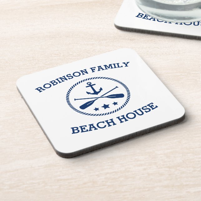 Ihr Beach House Familienname Anchor Oars Stars Getränkeuntersetzer (Linke Seite)