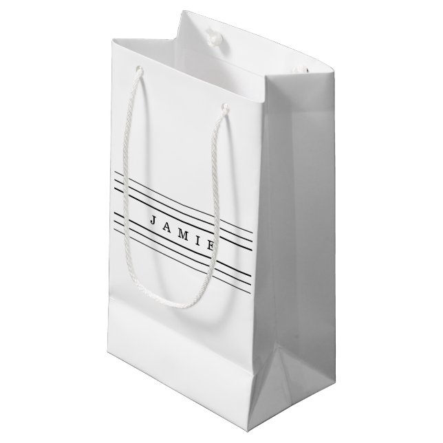 Ihr benutzerdefinierter Text und moderne Streifen  Kleine Geschenktüte (Vorderseite Schrägansicht)