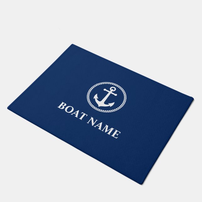 Ihr Boot Name Nautical Sea Anchor Navy Blue White Fußmatte (Schrägansicht)