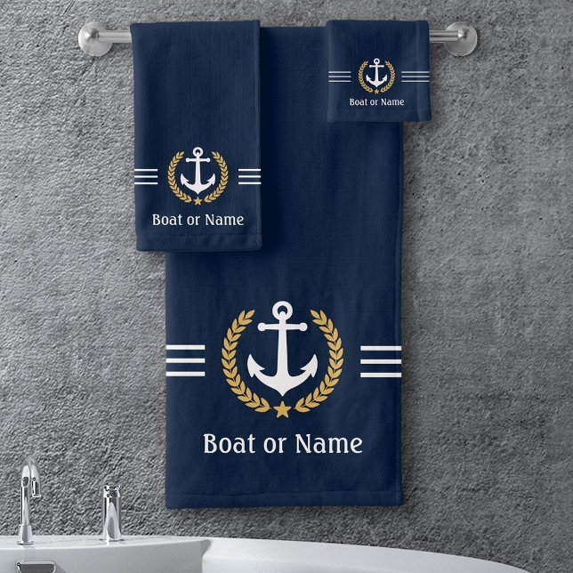 Ihr Boot oder Name Anchor Gold Laurel Streifen Bla Badhandtuch Set (Von Creator hochgeladen)