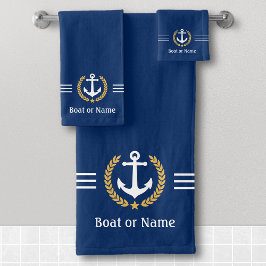 Ihr Boot oder Name Anchor Gold Laurel Stripes Navy Badhandtuch Set