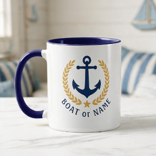 Ihr Boot oder Name Anchor Gold Style Laurel Blau Tasse