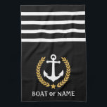 Ihr Bootname Anchor Gold Style Laurel Black Geschirrtuch<br><div class="desc">Personalisieren Sie Ihre Zuhause mit Küchentüchern,  die Ihren Bootsnamen,  Familiennamen oder anderen gewünschten Text anzeigen. Mit einem speziell entwickelten nautischen Bootsanker,  goldenen Blätter und Sternemblem auf schwarz oder passen die Primärfarbe leicht an Ihr aktuelles Thema an.</div>