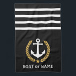 Ihr Bootname Anchor Gold Style Laurel Black Geschirrtuch<br><div class="desc">Personalisieren Sie Ihre Zuhause mit Küchentüchern,  die Ihren Bootsnamen,  Familiennamen oder anderen gewünschten Text anzeigen. Mit einem speziell entwickelten nautischen Bootsanker,  goldenen Blätter und Sternemblem auf schwarz oder passen die Primärfarbe leicht an Ihr aktuelles Thema an.</div>