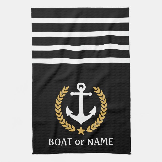 Ihr Bootname Anchor Gold Style Laurel Black Geschirrtuch (Vertikal)