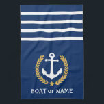 Ihr Bootname Anchor Gold Style Laurel Blau Geschirrtuch<br><div class="desc">Personalisieren Sie Ihre Zuhause mit Küchentüchern,  die Ihren Bootsnamen,  Familiennamen oder anderen gewünschten Text anzeigen. Mit einem speziell entwickelten nautischen Bootsanker,  goldenen Blätter und Sternemblem auf Marineblau oder passen die Primärfarbe einfach an Ihr aktuelles Thema an.</div>