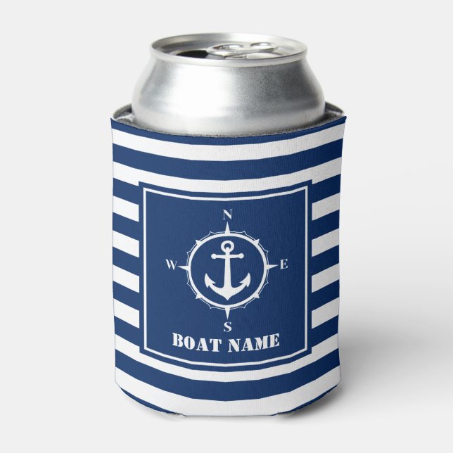 Ihr Bootname Kompass Ankerblau gestreift Dosenkühler (Kanne Vorderseite)